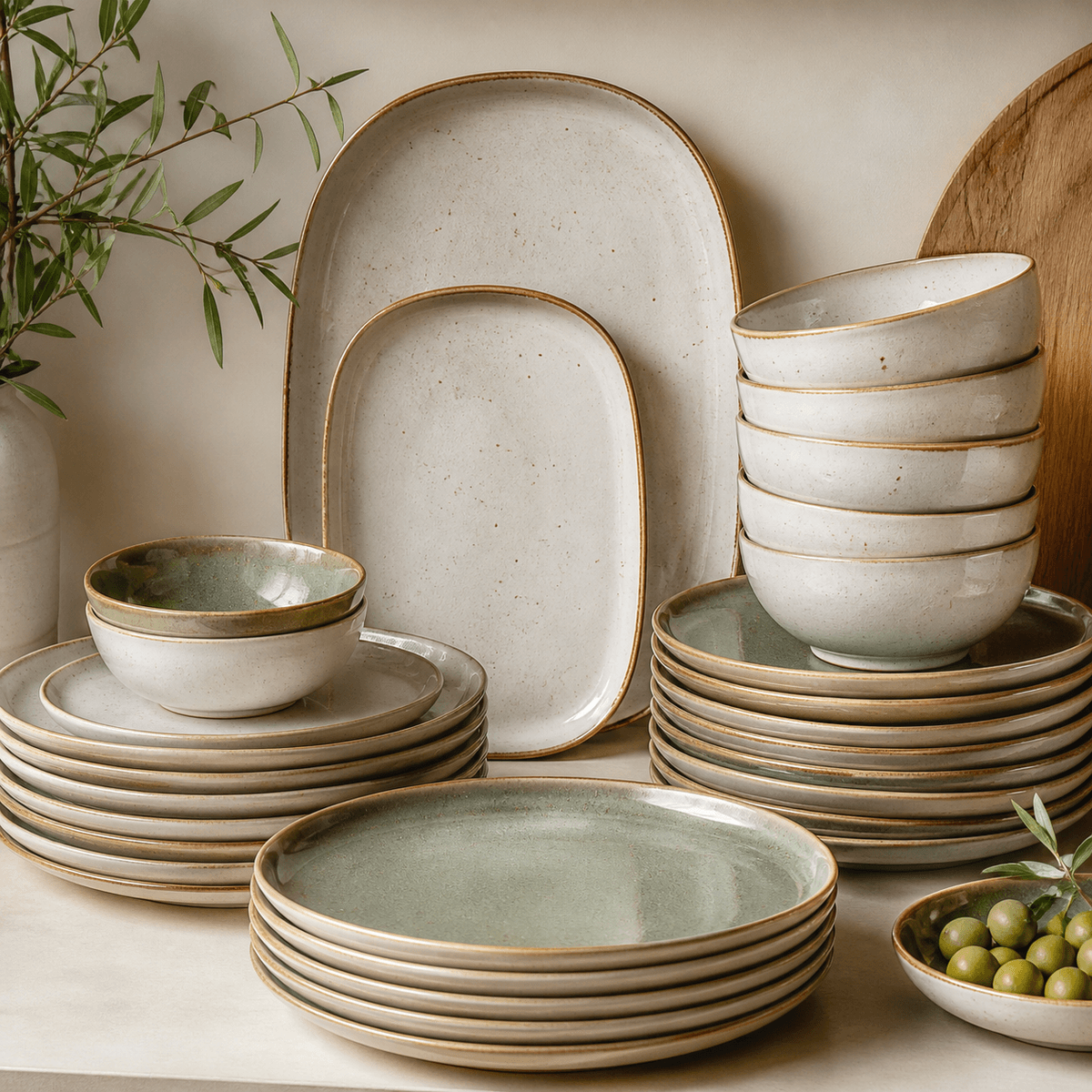 Ivory and sage ceramic tableware with delicate gold rims